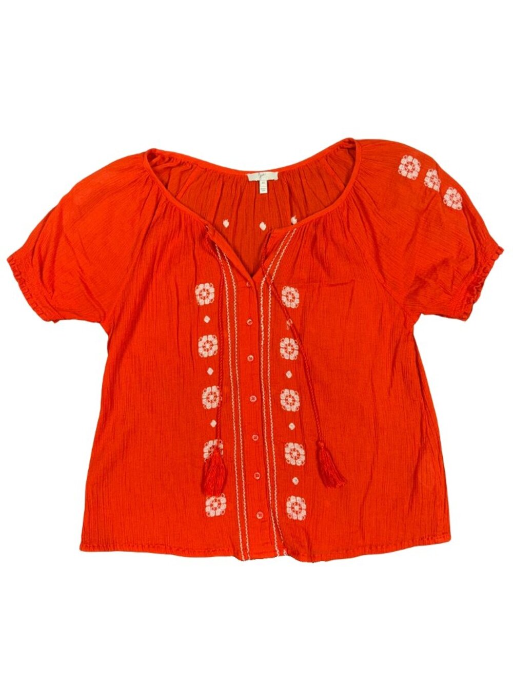 Joie Red Embroidered Short Sleeve Blouse Size Extra Small